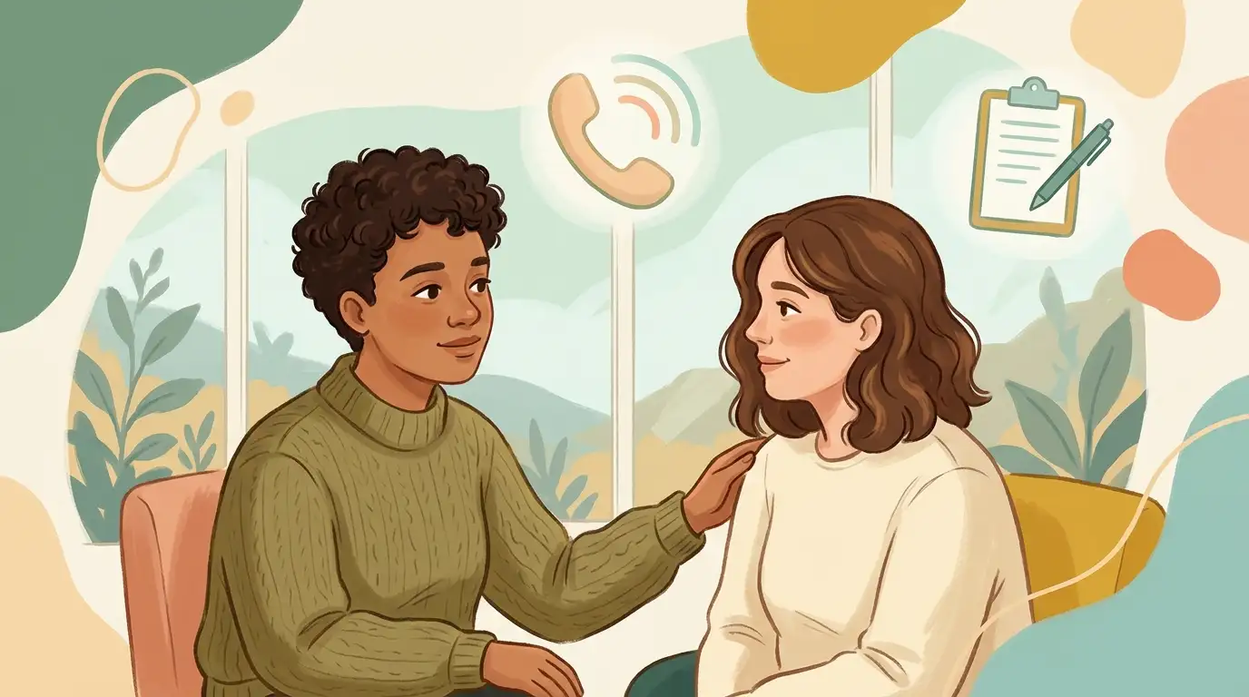 Warme illustratie van hulp, gesprek en officiële meldroutes rond gokzorgen